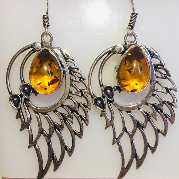 Beautiful Amber Gemstone 925 Silver Angel Wings Dangle Drop Earrings - Picture 5 of 6